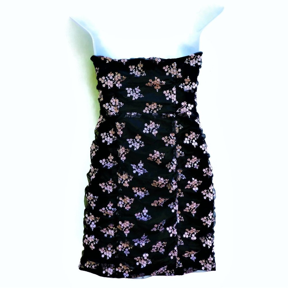 Majorelle Revolve Mini Dress Floral Embroidery Ruched Mesh Lace Up Hem Side Zip - Picture 3 of 8
